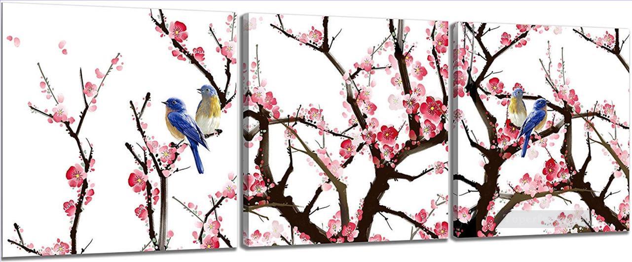セットパネルの梅の花の中の鳥油絵